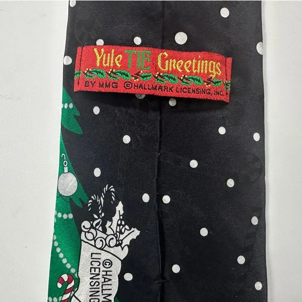 Hallmark Mens Neck Tie Holiday Christmas Black Dotted Santa Tree